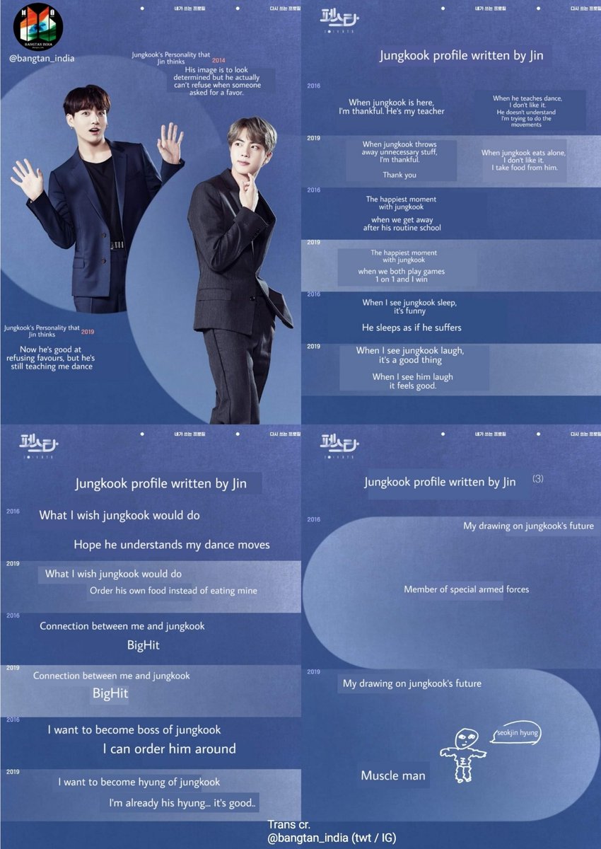 bangtan_india's tweet photo. @bts_bighit [ENG TRANS: 1/3]

#2019BTSFESTA: #BTSProfile2019 (2/3) (All pages)

— Jungkook's profile by Jin
— RM's profile by Hoseok

@BTS_twt #RewrittenProfiles #ProfilesWrittenByMe https://t.co/35DAFNI9O2