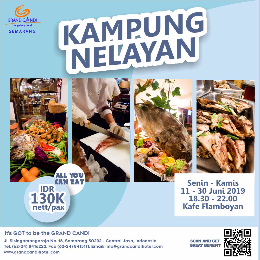 GrandCandiSMG's tweet photo. Kampung Nelayan
All You Can Eat Buffet &amp; Live Cooking.
Rp.130.000 Nett/Pax.
Setiap Senin-Kamis, pukul 18:30-22:00, di Kafe Flamboyan Grand Candi Hotel Semarang. Berlaku sampai dengan 30 Juni 2019.
#kuliner #kulinersemarang #allyoucaneat #allyoucaneatsemarang #seafood #semarang https://t.co/wIqXPdc0GF