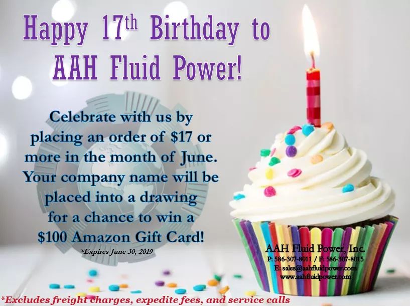 aahfluidpower's tweet photo. It's AAH Fluid Power's 17th Birthday! Place an order of $17 or more in the month of June for a chance to win a $100 Amazon Gift Card! #AAHFluidPower #OurWorldRevolvesAroundYou #Pumps #Motors #Valves #Repairs #Hydraulics #Vickers #Denison #Rexroth #Racine #Oilgear &amp; More! https://t.co/6cZDXsIsPb