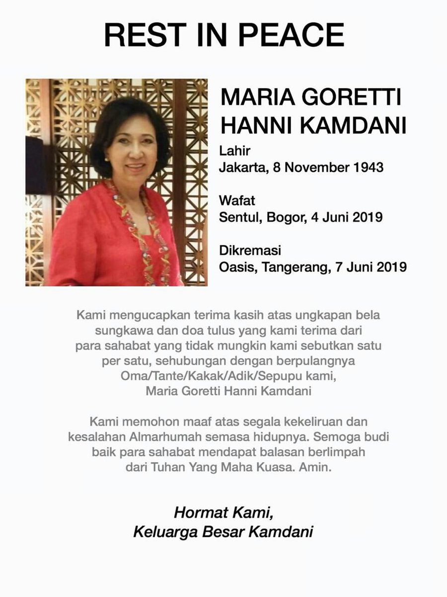 KarismaKamdani's tweet photo. Kami ucapkan terima kasih atas ungkapan bela sungkawa dan doa tulus nya atas berpulang nya Tante kami, amin - Karisma Kamdani https://t.co/YMnRwUV93c