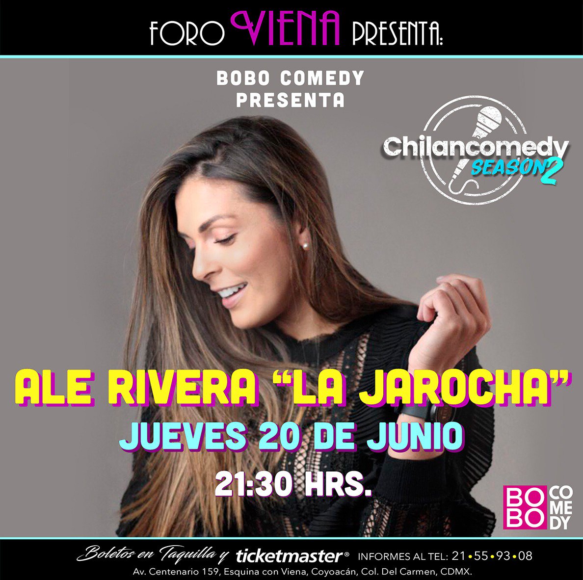 ForoVienaMx's tweet photo. 20 DE JUNIO / #CHILANCOMEDY, ALE RIVERA "LA JAROCHA": "Lo que aguantamos la mujeres" el exitoso show que se ha presentado en México como en los Estados Unidos, espectáculo en el que hay miles de carcajadas. Boletos en taquillas y @Ticketmaster_Me. @Alelajarocha @bobo_comedy https://t.co/tSRbXbvN3s
