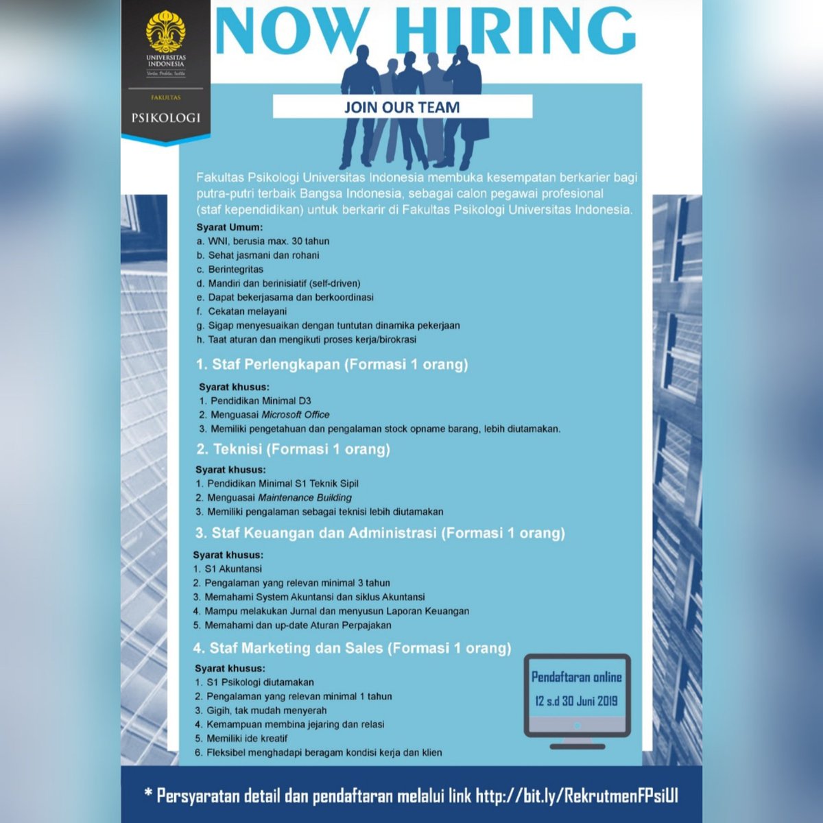 psikologi_ui's tweet image. Info lowongan kerja,
Kesempatan berkarier bagi putra-putri terbaik Bangsa Indonesia sebagai calon pegawai profesional (staf kependidikan) untuk berkarir di Fakultas Psikologi Universitas Indonesia.
 silahkan klik link bit.ly/RekrutmenFPsiUI
#loker
#fpsikologiui
#psikologiui2019