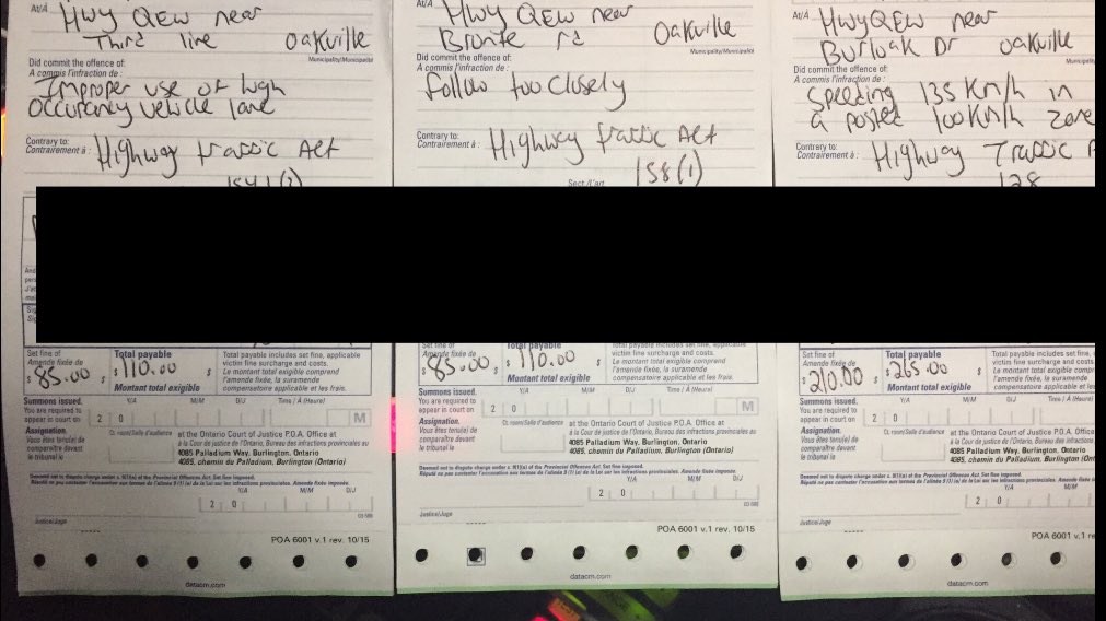 So maybe using the HOV lane to pass me in the 🐏 wasnt the best idea? Charged with Improper Use of HOV Lane (No passenger/cross double solid), following too closely, speeding 135km/h.  $485 in fines + 11 points if convicted on all.  Slow down and drive safe.