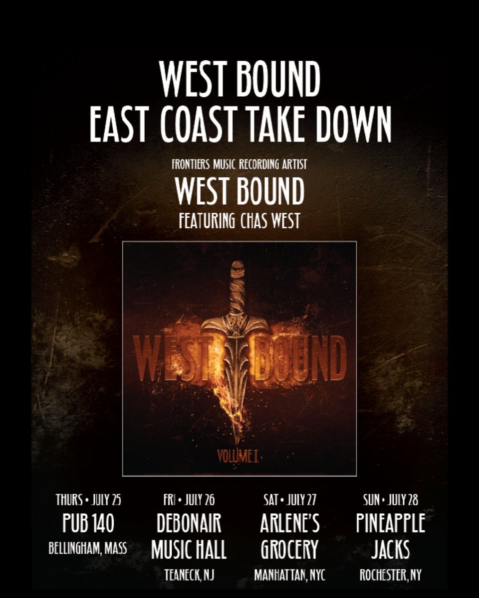 WestBound_Music's tweet photo. Hey East Coast - West Bound is coming for you in July!
#westbound #chaswest #jimmyburkard #royz #jasoncornwell #davemoreno #arlenesgrocery #pub140 #debonairmusichall #pineapplejacks #nyc #rochesterny #nj #rocknroll #frontiersmusicsrl #ledzeppelin #westboundofficial #eastcoast https://t.co/BaqKHtuIhl