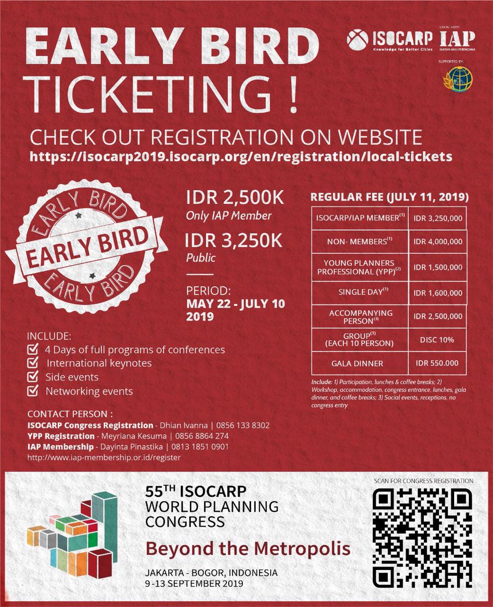 ISOCARP (International Society of City and Regional Planning) bekerjasama dengan Ikatan Ahli Perencana Indonesia (IAP) menyelenggarakan pertemuan para perencana wilayah dan kota se dunia di Jakarta - Bogor, tanggal 9-13 September 2019. Silahkan daftar.
<a href="/ISOCARP/">International Society of City & Regional Planners</a> <a href="/IAPIndonesia/">Ikatan Ahli Perencanaan Indonesia</a>