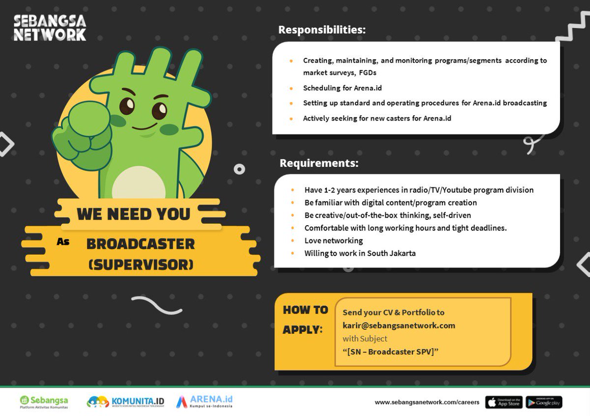 Sebangsa sedang membuka lowongan untuk Broadcaster (Supervisor)! Kirim CV terbaru anda ke karir@sebangsanetwork.com dengan subjek "[SN-Broadcaster SPV]" #Loker #lokerjakarta #lowongankerja #infoloker #lokerjabodetabek #kerjakeras