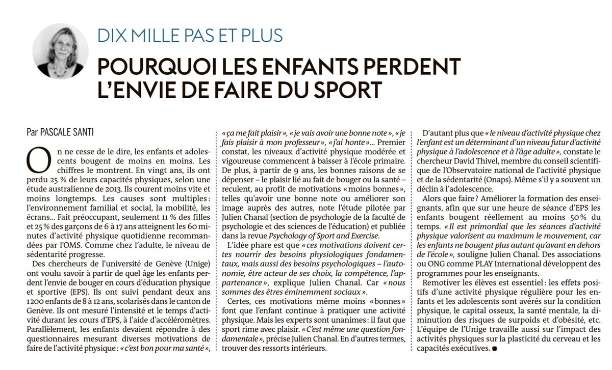 draymo2's tweet photo. L'inactivité physique menace déjà les 8-12 ans : des chercheurs de l'université de Genève ont suivi pendant deux ans 1200 élèves. Ils enregistrent dès l’âge de neuf ans, une perte de motivation à pratiquer des activités physiques à l’école #EPS https://t.co/P1blG5UiJi https://t.co/06Ec7asiHe
