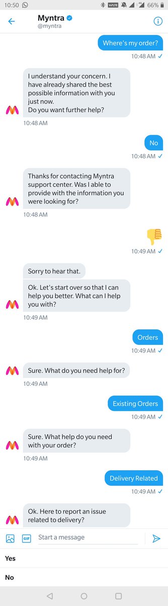 grubitizer's tweet photo. @myntra also, I don't know what chatbot u r using. But it really isn't friendly &amp; sucks big time.  Why call it DM when u don't even get a chance to type in, and someone's being forced to select fixed questions for which u have fixed answers! Heights! @myntra #Myntra https://t.co/2aCt0yWIR8