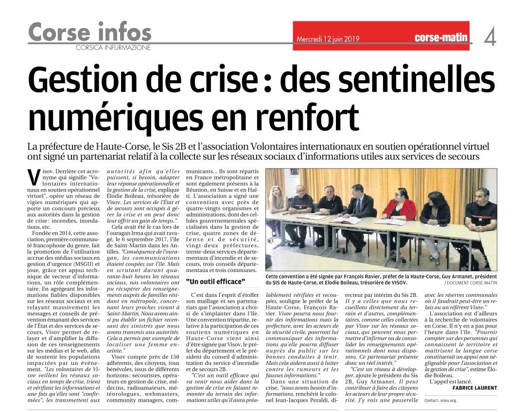 sis_2b's tweet photo. [ STAMPA ] 🗞️
@Corse_Matin
Retour sur la signature de la convention tripartite @sdis2b @Prefet2B @VISOV1
➡️ Mise en place d'un soutien opérationnel virtuel par une veille des réseaux sociaux en appui aux gestionnaires de crises.
#MSGU 🖥️🖱️👀🌏 https://t.co/5HLu8dQbPu