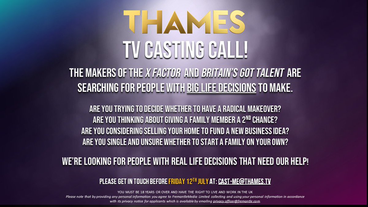 Sita Patel (@sitapatel3) on Twitter photo <a href="/HarryBerry/">Harry Berry</a> Hi Harry! Please RT? We’re looking for people with real life decisions that need our help! Please get in touch before Fri 12th July, E: Cast-Me@thames.tv #casting #tvcasting #decisions #dilemma #TV <a href="/HarryBerry/">Harry Berry</a> Hi Harry! Please RT? We’re looking for people with real life decisions that need our help! Please get in touch before Fri 12th July, E: Cast-Me@thames.tv #casting #tvcasting #decisions #dilemma #TV