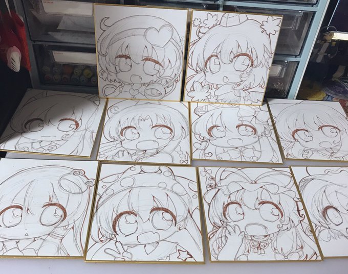 東方の色紙丁度10枚ペン入れ出来たー♪さとり 射命丸 イナバ メイリン リリーホワイト おくう 早苗 クラウンピース  紫 にとりーーーーー╰(`ω' )╯三
休憩して35分頃から塗ろーーーー! 