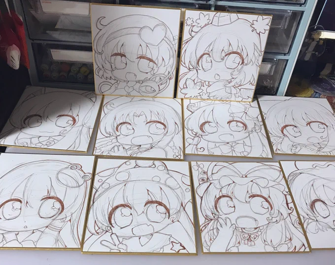 東方の色紙丁度10枚ペン入れ出来たー♪さとり 射命丸 イナバ メイリン リリーホワイト おくう 早苗 クラウンピース  紫 にとりーーーーー╰(`ω' )╯三
休憩して35分頃から塗ろーーーー! 