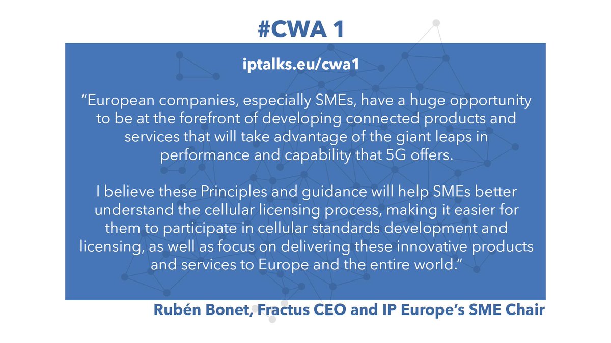 IPEuropeEU's tweet photo. European companies, especially #SMEs, have a huge opportunity to be at the forefront of developing connected products and services that will take advantage of the giant leaps in performance and capability that #5G offers.
#CWA1
https://t.co/jadKZi6H6Q https://t.co/gGI8GHiGQd