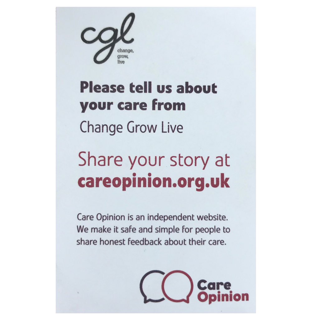 SPECTRUMCGL's tweet photo. Have you experienced our service? How did we do? We value your opinion. Please share your views on @careopinion @changegrowlive
#serviceuserfeedback https://t.co/2fmCQvdkv2