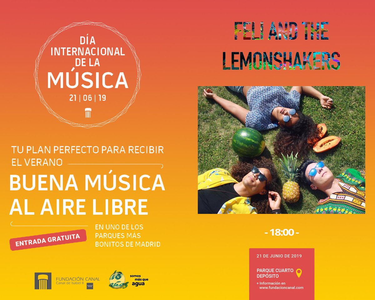theLemonshakers's tweet photo. This Friday we have a double date 🙂
See you at 6:00 pm at the Cuarto Depósito park, for a concert organized by Fundación Canal.
From there we will go straight to the Matadero de Madrid.
We hope to see you at both! 🙌🍋 https://t.co/ZtEHgZZwgX