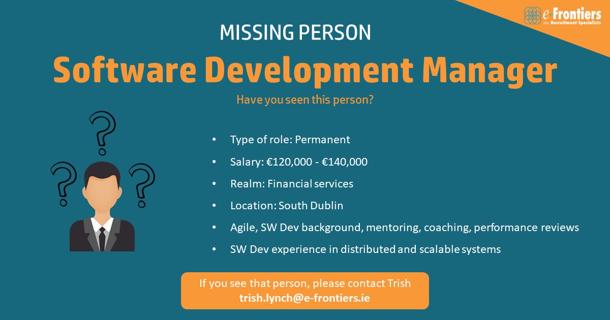 e_frontiers's tweet image. We are looking for a Software Development Manager in South Dublin for a challenging role with lots of interesting benefits. Please get in touch with Trish at trish.lynch@e-frontiers.ie to make a great move.
#dublin #softwaredevelopmentmanager #developmentmanager