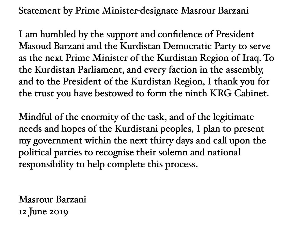 masrourbarzani's tweet photo. I’m humbled by the support and confidence of President @masoud_barzani and KDP to serve as the next Prime Minister. To the Kurdistan Parliament, and every faction in the assembly, and to the President of the Kurdistan Region, I thank you for the trust you have bestowed- mb. https://t.co/Me6tRtk8aG