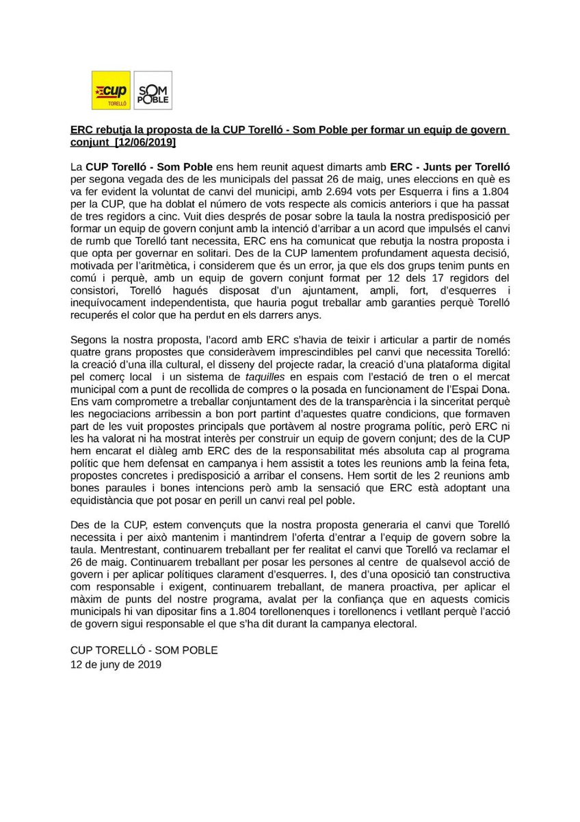 cuptorello's tweet photo. 📝 COMUNICAT | ERC rebutja la proposta de la CUP Torelló - Som Poble per formar un equip de govern conjunt #CUPTSP https://t.co/379ZVMhU1Y