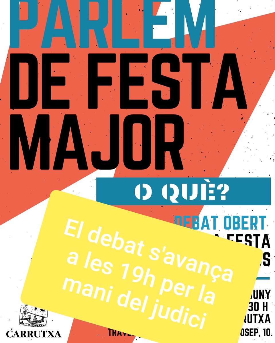 carrutxa_reus's tweet photo. 📣📣📣 ATENCIÓ!! EL DEBAT SOBRE LA FESTA MAJOR DE REUS S'AVANÇA A LES 19 H PER LA MANIFESTACIÓ CONVOCADA AMB MOTIU DEL JUDICI DEL PROCÉS!!! https://t.co/TGd1NPr6Jb