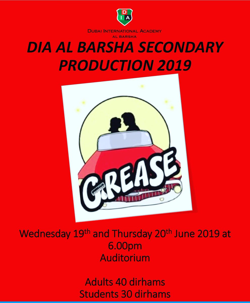 GO GREASE LIGHTNING!!! Get your tickets for our very first musical production at DIA AL Barsha. Come join our pink ladies and T-birds as we prepare for our summer nights🎼🎤 #diabmusic #DreamInspireAchieve <a href="/DIABarsha/">DIA Al Barsha</a> <a href="/RWADubai/">Raffles World Academy</a> <a href="/DIAdubai/">DIA | Emirates Hills</a> <a href="/RafflesIntlSch/">Raffles International School</a> <a href="/CAS_Dubai/">CAS Dubai</a>