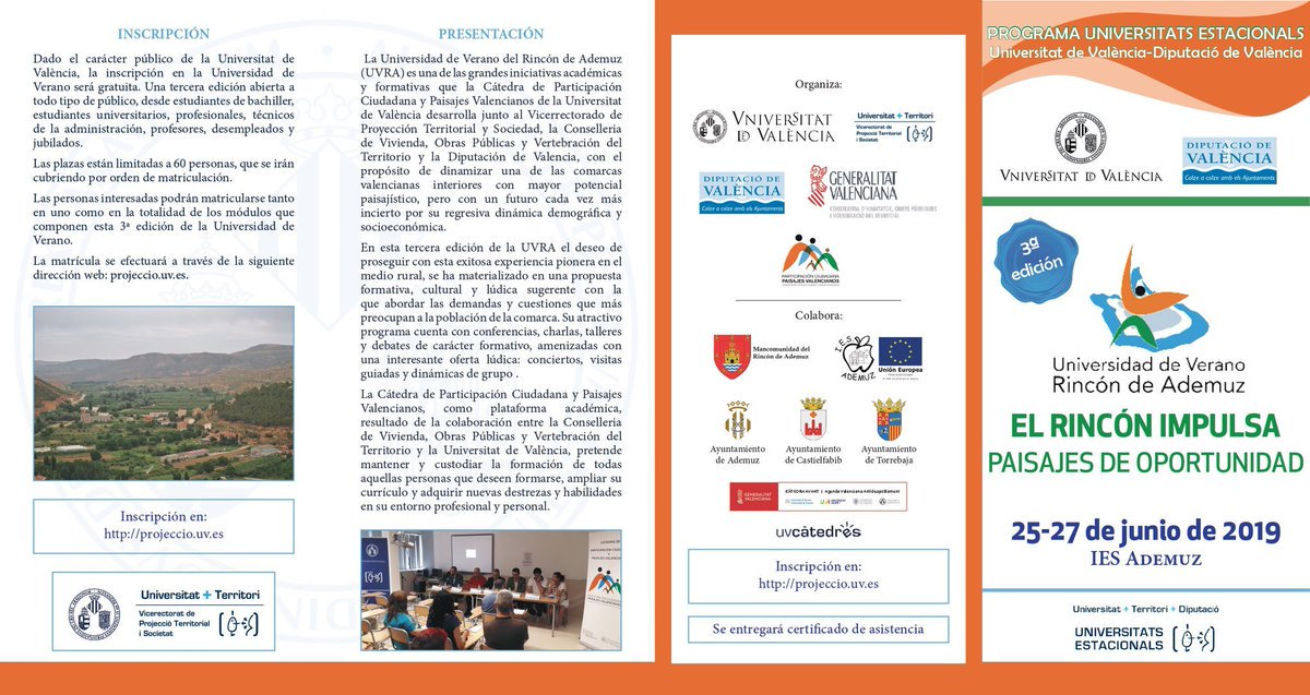 JLluisFerrando's tweet photo. Només queden dues setmanes perquè comence la 3a Edició de la Universitat d'Estiu del Racó d'Ademús @UV_EG la qual compta amb el suport de la @Generalitat a través de la @CatedraPaisaje!

Una activitat per a tots i totes!

Inscripcions ací 👉 https://t.co/SXphtpri0U https://t.co/6nJHew4Ec1