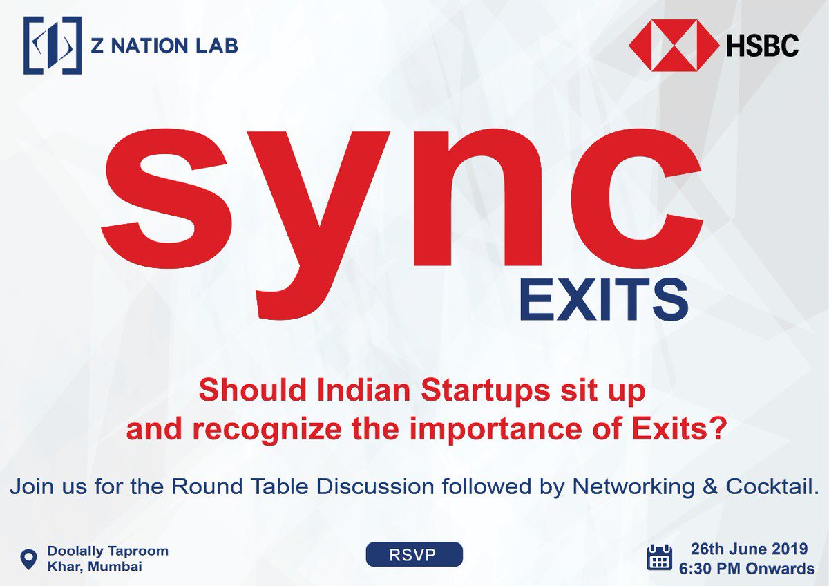 ZNationLab's tweet photo. We present to you our next event Sync Exits of the SYNC Series. Specially dedicated to the startups who are wondering about their exit strategy!!
Register now to find out: https://t.co/FGhpf5zBo2
@HSBC
#merger #acquisitions
#startups #india #sync #znationlab
#syncexits #hsbc https://t.co/NHX0R3IFym