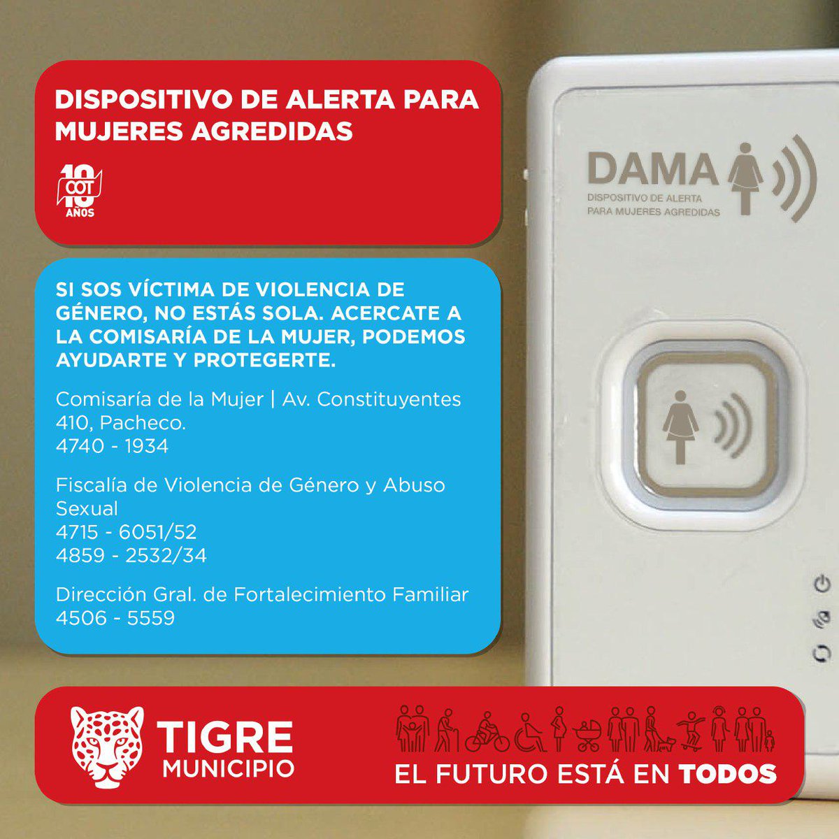 AlertaTigre's tweet photo. En @MunicipioTigre decimos NO a la #ViolenciaDeGénero 
Dispositivo de Alerta para Mujeres Agredidas #DAMA 
#COT https://t.co/lLn89q7yJr