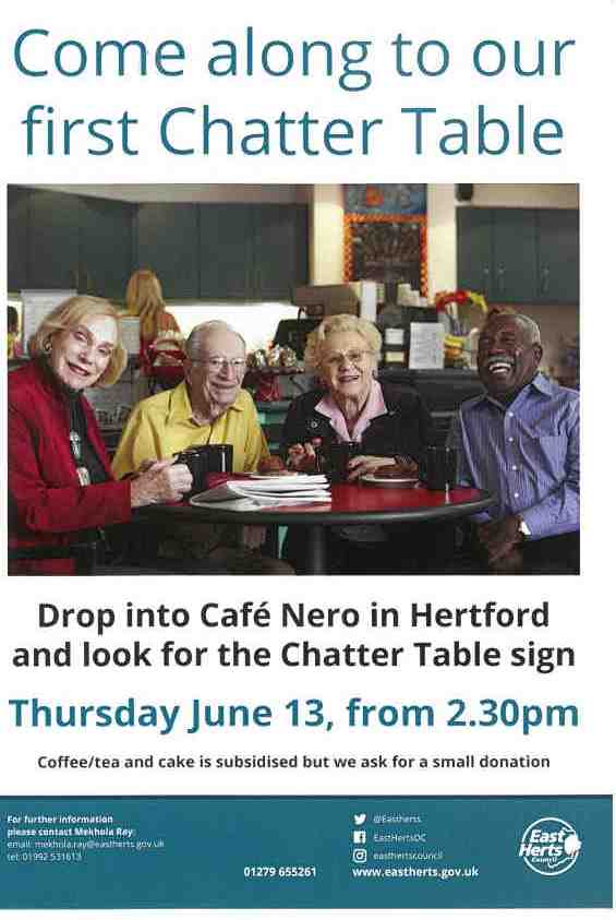 Do you know someone who'd enjoy company and coffee in Hertford? Tell them about our first Chatter Table on Thursday. #coffee #friendship #Hertford