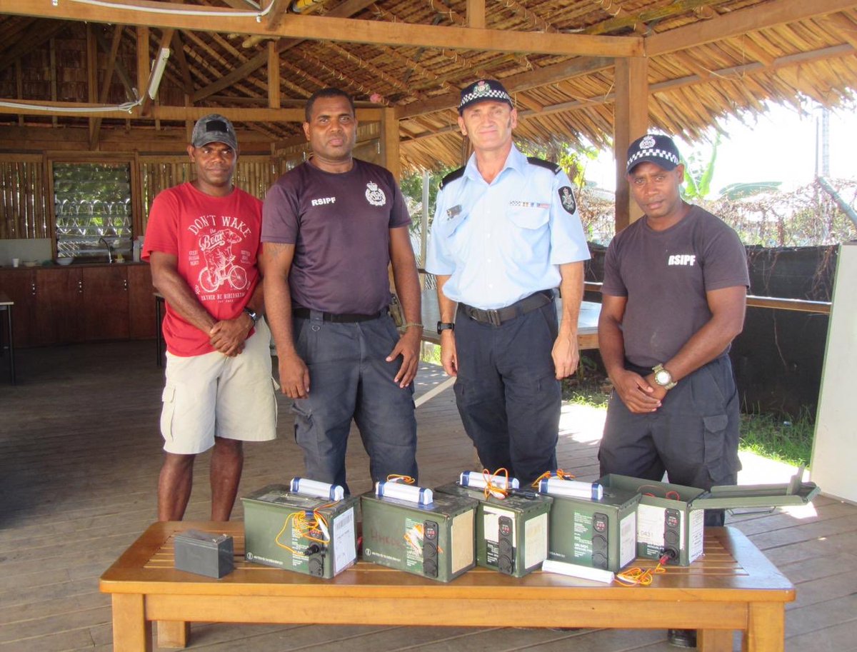 CmdrTanti5's tweet photo. .@AusFedPolice #SIPDP advisor Paul and #RSIPF firearms armourers have just finished a personal project recycling computer batteries and ammunition tins to make mobile power packs for solar lighting in their home. A personal initiative to help his counterparts. Great stuff https://t.co/hwKp9I7rSG