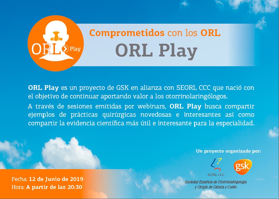 SEORLCCC's tweet photo. Esta tarde celebramos una sesión online de #ORLPlay con @GSK_ES: hablaremos de sielendoscopia, miringoplastia...¿te lo vas a perder? Si eres socio de @SEORLCCC y quieres seguirla por streaming apúntate en cursos@seorl.net #formaciónORL https://t.co/DAsYta5sdZ