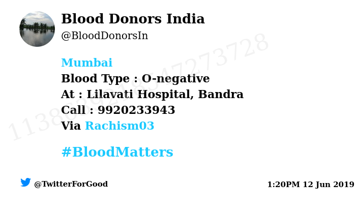 BloodDonorsIn's tweet photo. #Mumbai
Need #Blood Type :  O-negative
At : Lilavati Hospital, Bandra 
Number of Units : 2
Primary Number : 9920233943
Secondary Number : 9920233943
Via: @Rachism03
#BloodMatters
Powered by Twitter https://t.co/bmibCqCs1s