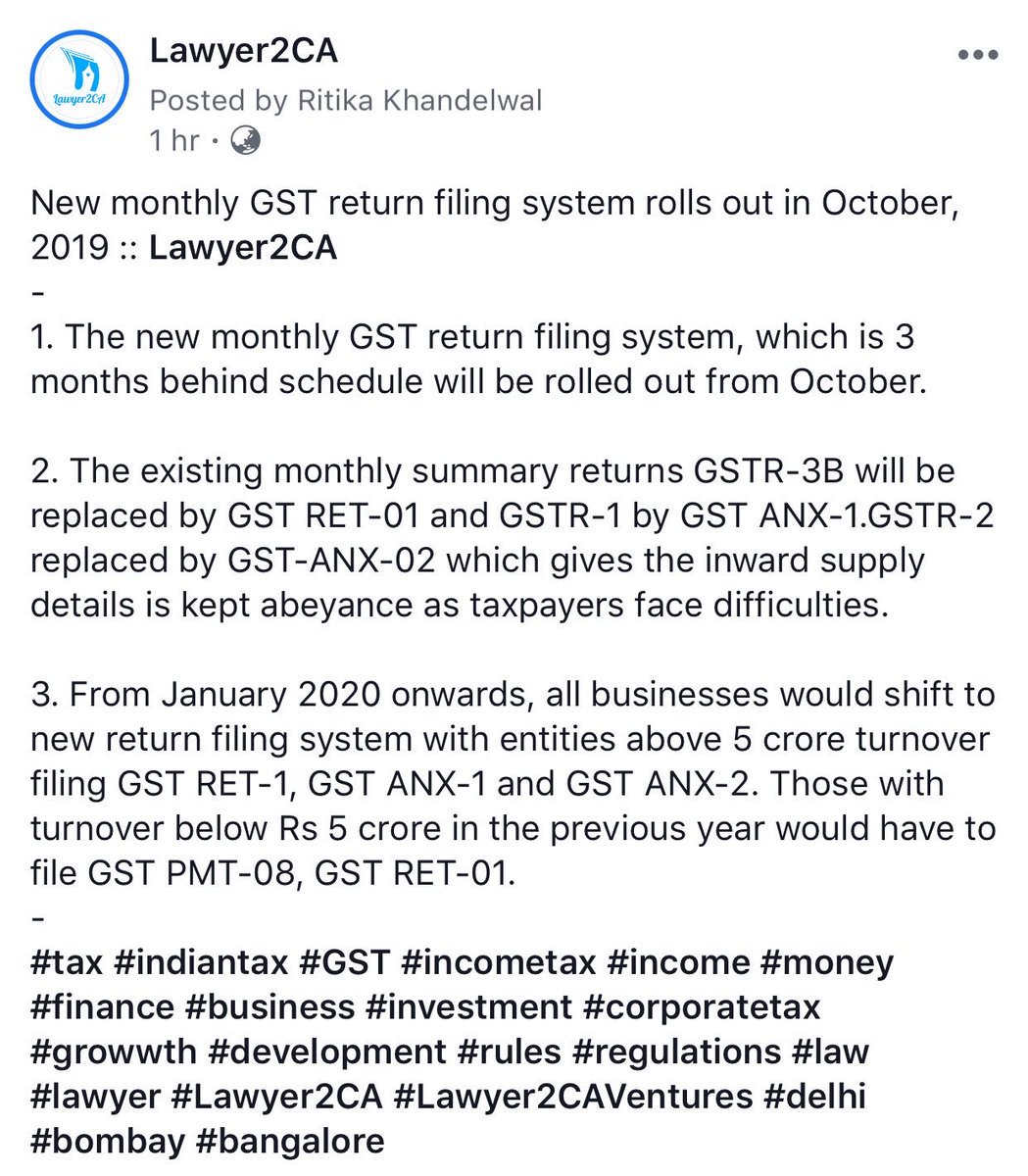 New monthly GST return filing system rolls out in October,2019 :: @Lawyer2CA 
-
#tax #indiantax #GST #incometax #income #money #finance #business #investment #corporatetax #growwth #development #rules #regulations #law #lawyer #Lawyer2CA #Lawyer2CAVentures #delhi #bombay