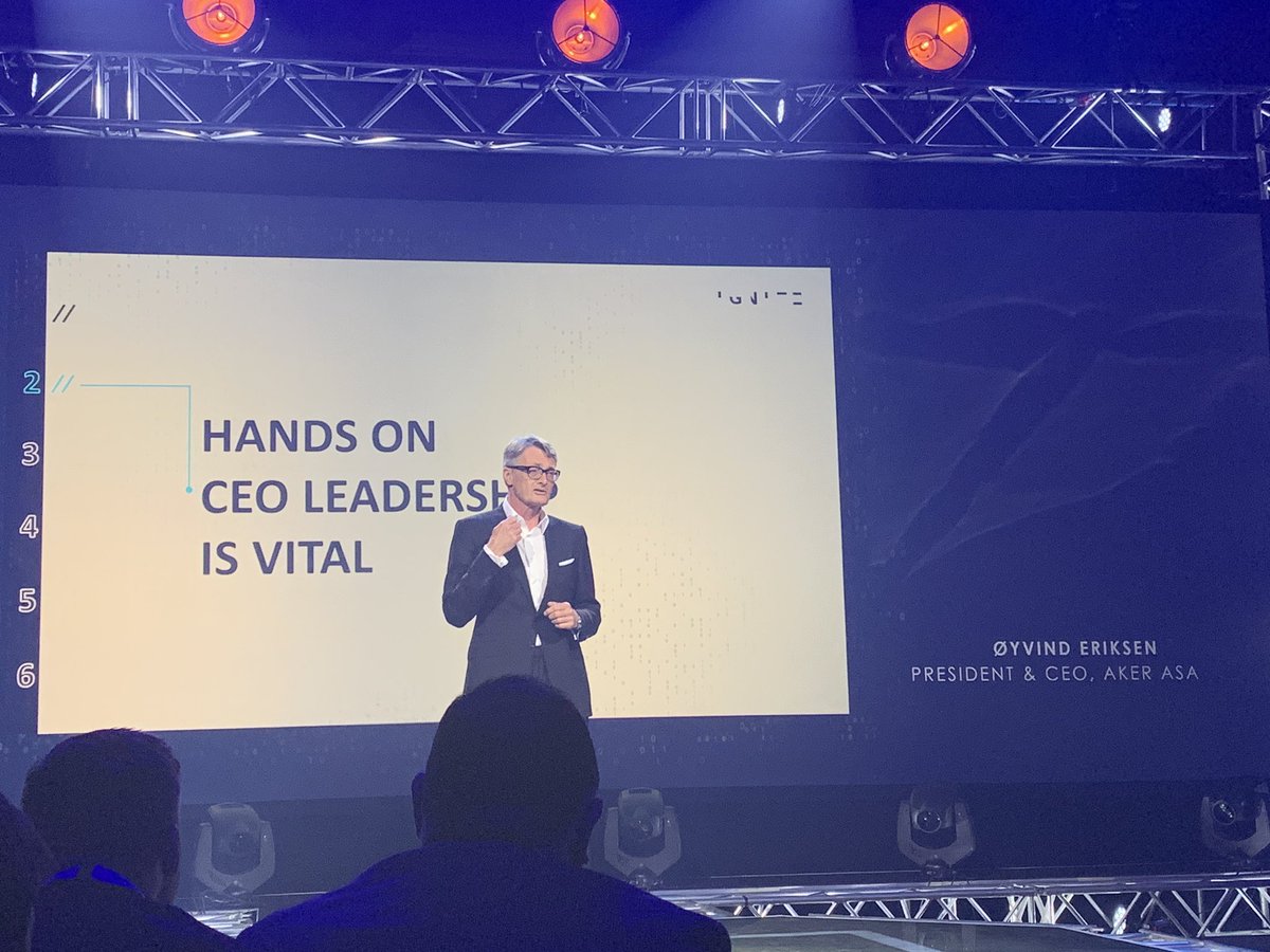 «Hands on CEO #leadership is vital» (to succeed with #digitalization), says Øyvind Eriksen, President &amp; CEO, Aker ASA, at #Ignite19 by <a href="/CogniteData/">Cognite</a> 

<a href="/CrayonIT/">Crayon Group</a> <a href="/InmetaCon/">Inmeta</a> #ArtificialIntelligence