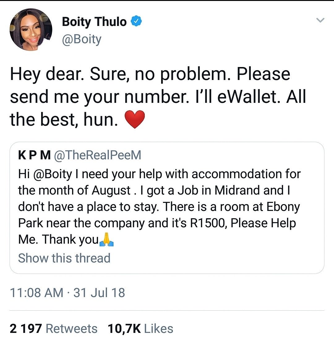 Ke_Enhle's tweet photo. Guys, can we please Appreciate and acknowledge @Boity for her Assisting Heart to every individual when one needs help... God Bless her Soul ♥️🙏 https://t.co/KRn2KkmnEr
