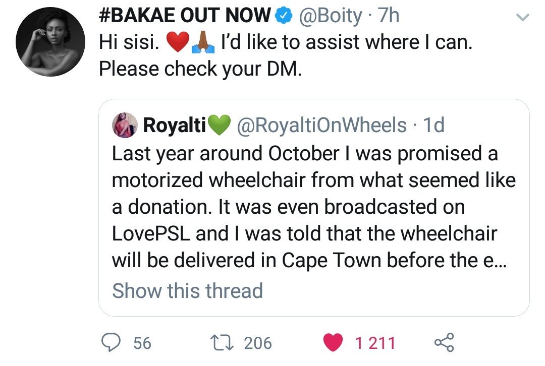 Ke_Enhle's tweet photo. Guys, can we please Appreciate and acknowledge @Boity for her Assisting Heart to every individual when one needs help... God Bless her Soul ♥️🙏 https://t.co/KRn2KkmnEr