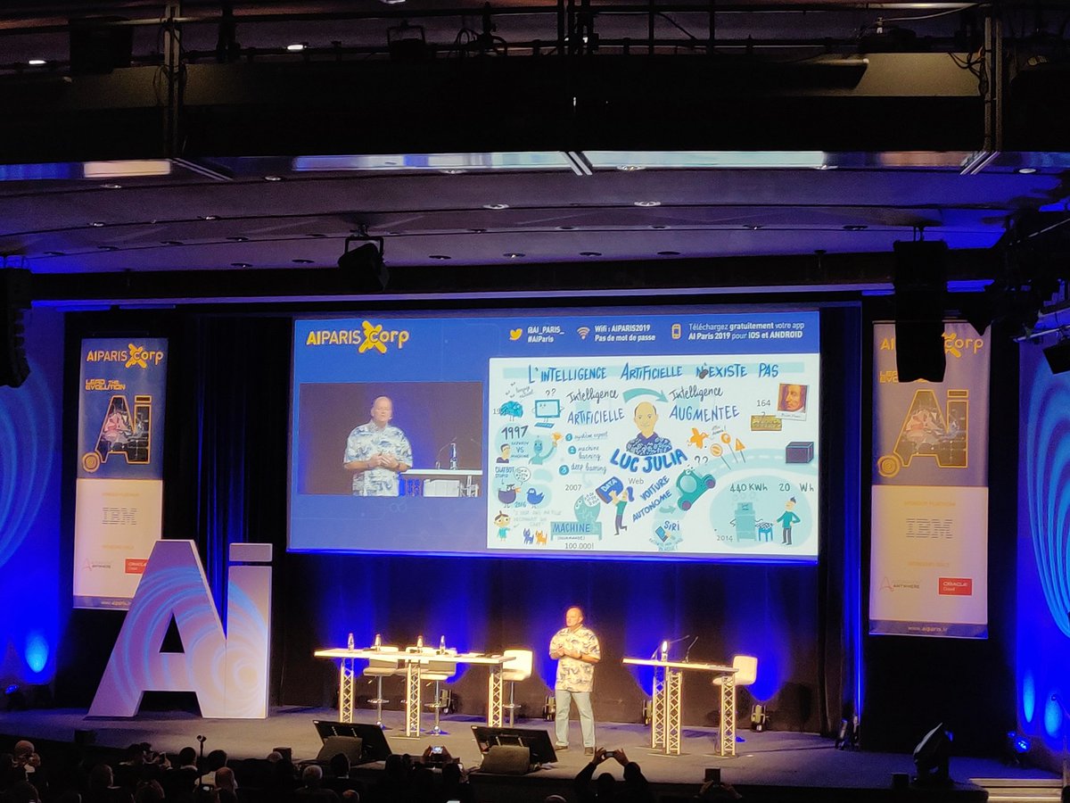 XavBrucker's tweet photo. super présentation de Luc Julia, créateur de Siri, qui compare l'intelligence humaine avec l'IA, et explique que l'intelligence Artificielle n'existe pas ! @AI_PARIS_ @MewsPartners https://t.co/kS3992lwta