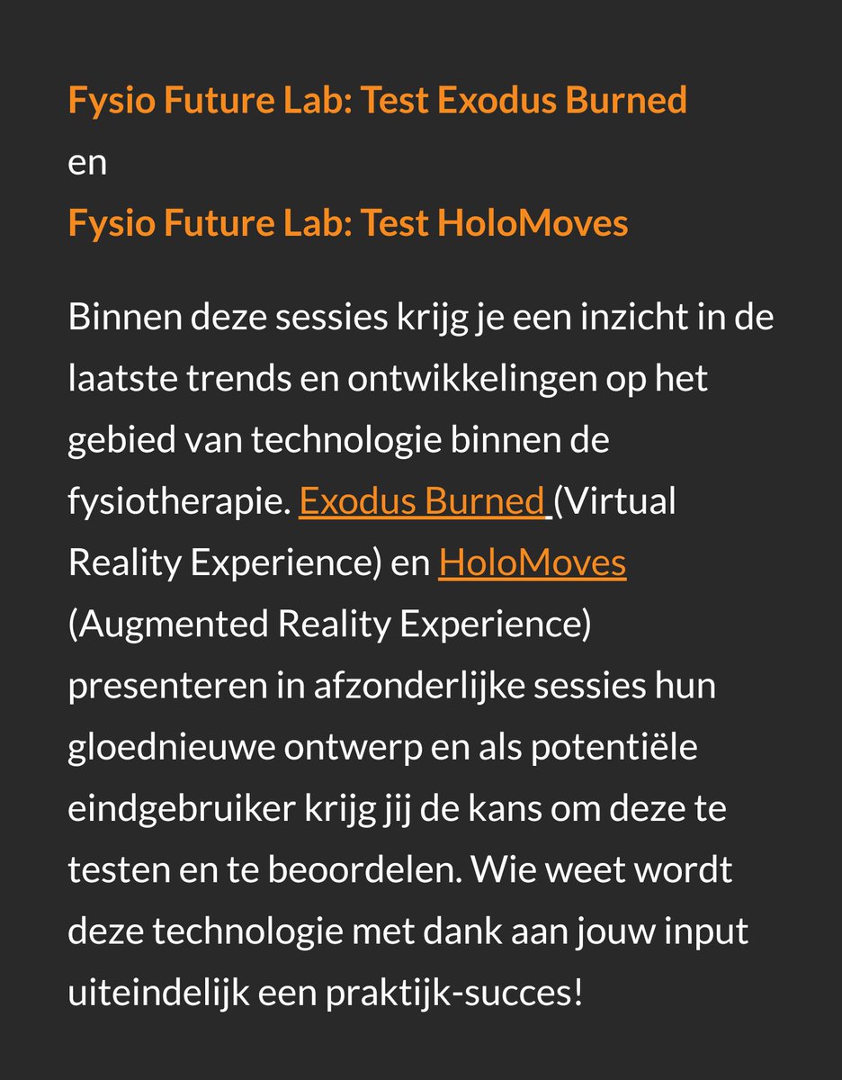 Lectoraat Beweegzorg (@hu_beweegzorg) on Twitter photo Vrijdag is Fysio-Xperience, hét innovatie-festival van @KNGF_Fysio. Vanuit het FysioFutureLab organiseren <a href="/DorienGinsel/">Dorien Ginsel</a> en <a href="/CKloek/">Corelien Kloek</a> twee workshops ism <a href="/BurnedExodus/">EXODUS BURNED</a> en <a href="/HoloMoves/">HoloMoves</a> #fysiotherapie Vrijdag is Fysio-Xperience, hét innovatie-festival van @KNGF_Fysio. Vanuit het FysioFutureLab organiseren <a href="/DorienGinsel/">Dorien Ginsel</a> en <a href="/CKloek/">Corelien Kloek</a> twee workshops ism <a href="/BurnedExodus/">EXODUS BURNED</a> en <a href="/HoloMoves/">HoloMoves</a> #fysiotherapie