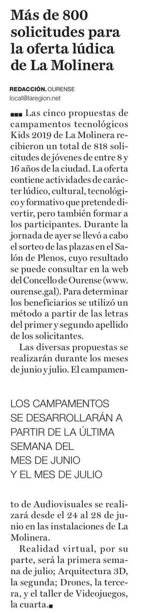 Más de 800 solicitudes para la oferta de campamentos de <a href="/LaMolineraCC/">La Molinera</a>
🗞 Diario <a href="/LaRegion/">La Región</a>