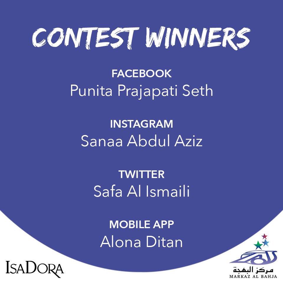 markazalbahja's tweet photo. CONGRATULATIONS WINNERS!
We are glad to announce the winners of the #IsaDora contest. Winners can collect their prizes from the Mall office on business days between 10 am to 3 pm.

#LetsGoBahja #WIN #Contest #ShoppingMall #Makeup #FamilyShoppingMall https://t.co/qSxZIYS6lU