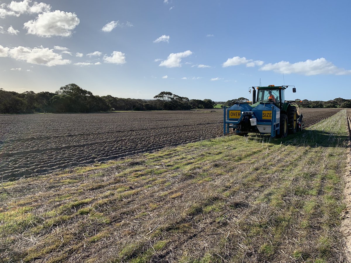 soilpED's tweet photo. ‘Speeding’ underway on Kangaroo Island on non-wetting sand over shallow clay. Trials set up with spread clay, spaded clay and lime incorporation. Before and after moisture probe data will be interesting to watch! #spading #seeding #metos #watchthisspace https://t.co/DwPR7IrKPQ