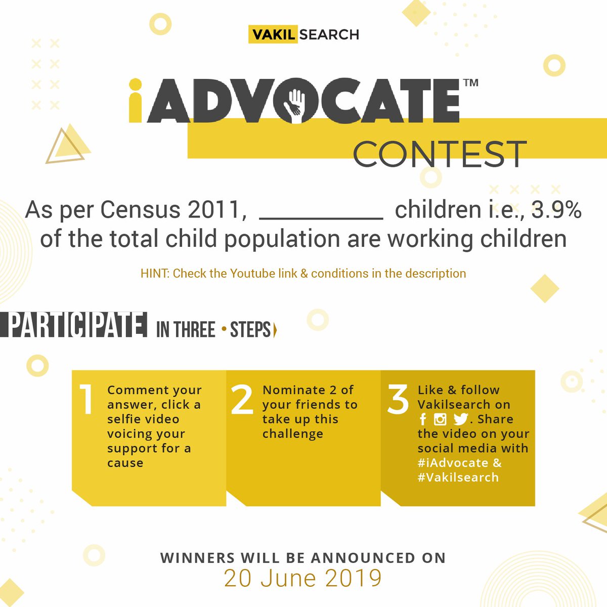 Letsvakilsearch's tweet photo. Here's #iAdvocate contest
Participate &amp; voice for a change. 2 lucky draw winners will get an Rs.1000 #Amazonvoucher 

HINT: https://t.co/VeSObFsGIY
https://t.co/iZ1grvLATI

Follow #Vakilsearch on 
https://t.co/ofFBC8Up8o  
https://t.co/s9qvtSL3jc
https://t.co/IdfOwGAMA3 https://t.co/6hN1bndQyz