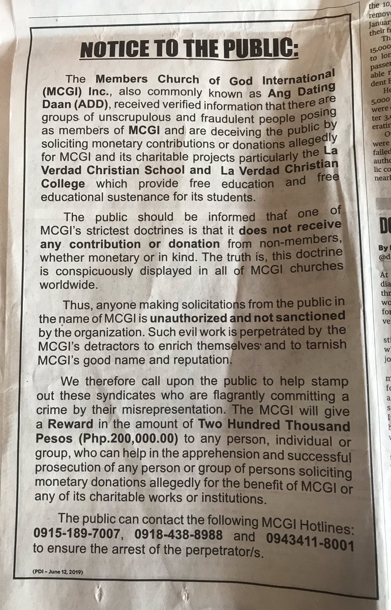 NOTICE TO THE PUBLIC from the <a href="/mcgidotorg/">Members Church of God International</a> <a href="/AngDatingDaanTV/">Ang Dating Daan</a> ad published today via the <a href="/inquirerdotnet/">Inquirer</a>! There will be PHP200,000 reward to those who can help prosecute those pretending to be a MCGI who solicit donations from the public!