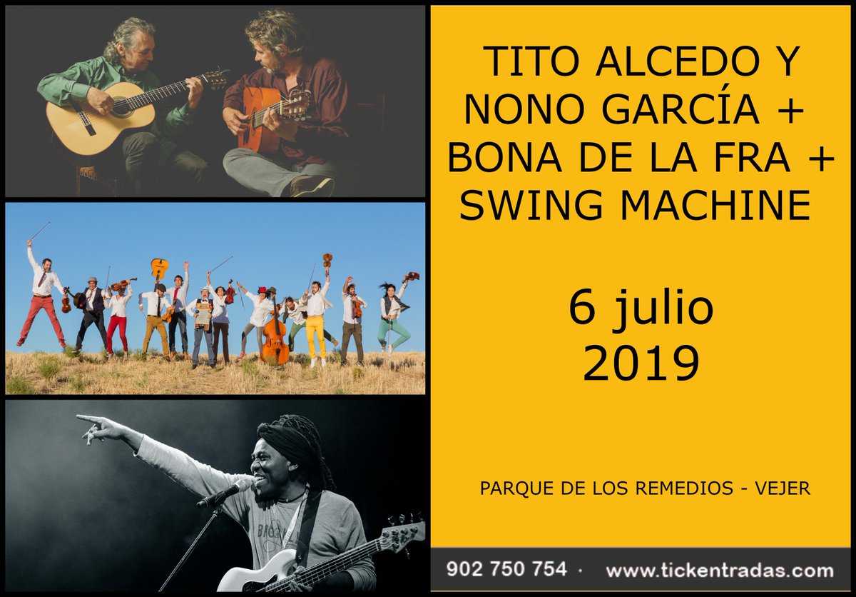 tickentradas's tweet photo. El sábado 6 de julio última entrega del Festival @JazzVejer! Disfruta con las actuaciones de Tito Alcedo y Nono Garcia, Richard Bona. “Bona de la Frontera feat. Antonio Rey” y Swing Machine Orchestra. Últimas entradas a la venta en:
https://t.co/8OmB0zbTD1 https://t.co/MTK6PVMPmT