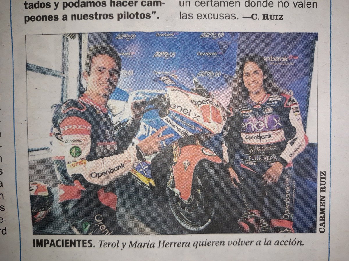 karento162's tweet photo. No te pierdas los artículos de hoy de los diarios deportivos Marca y As, donde aparece nuestra piloto María Herrera con motivo de la presentación del Mundial de MotoE. Nico Terol y María Herrera competirán en el equipo de Angel Nieto esta temporada. #motoE #angelnietoteam https://t.co/Ems9Ou3y5E