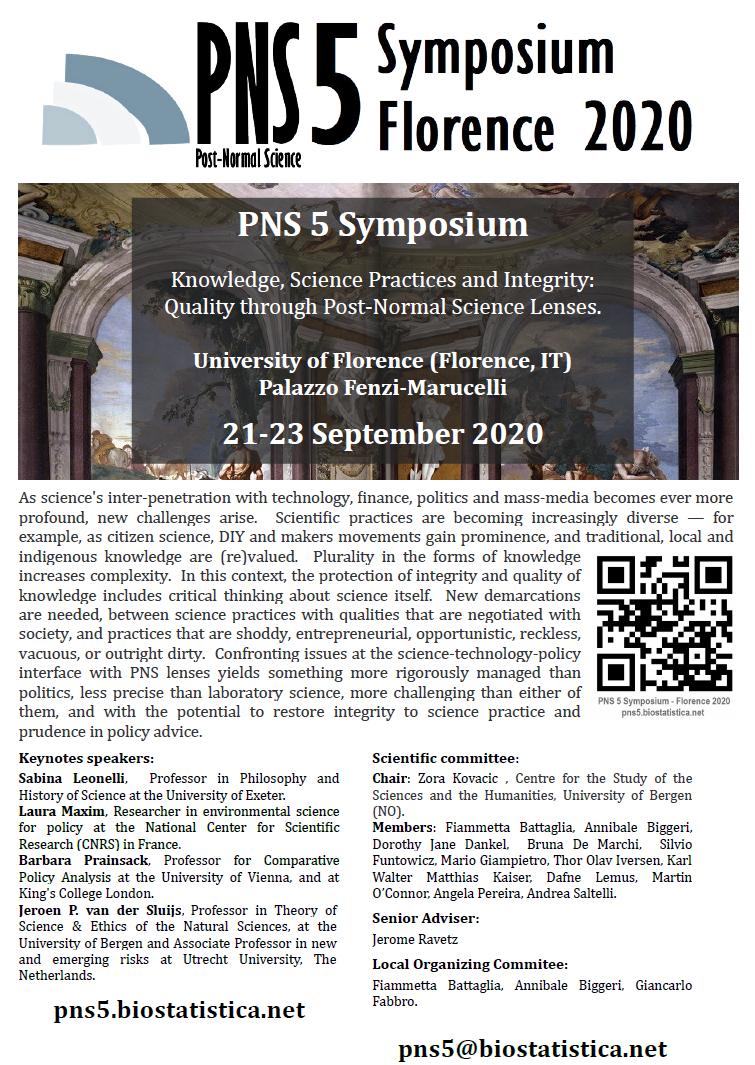 Jeroen_vdSluijs's tweet image. PNS 5 Symposium - Knowledge, Science Practices and Integrity: Quality through Post-Normal Science Lenses. University of Florence (Florence, IT)
Palazzo Fenzi-Marucelli 21 -23 September 2020 #PNS_5 #PNS5 #postnormalscience pns5.biostatistica.net/index.php
