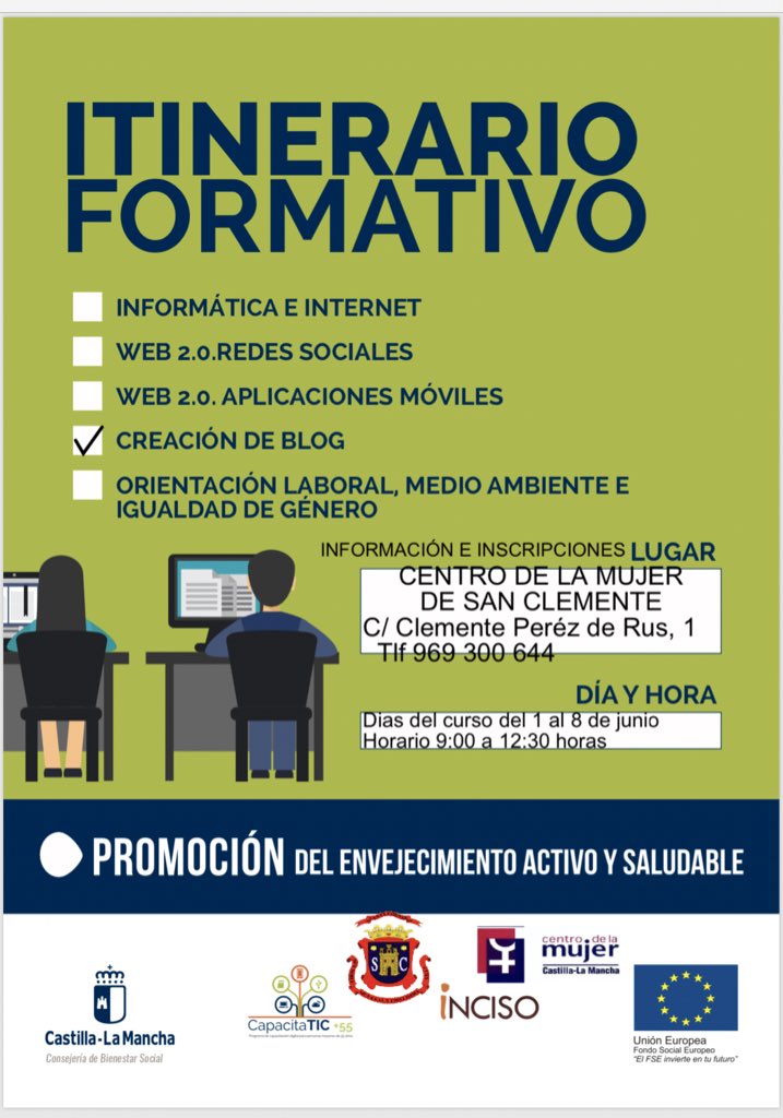 ¡Cursos de formación para mayores de 55 años en situación de desempleo, trabajador@s por cuenta ajena o trabajador@s por cuenta propia! 📝 La masterclass será el día 25 de junio y el Curso de creación de un blog del 1 al 8 julio #SanClementeSomosTod@s #SanClementeEstáDeModa