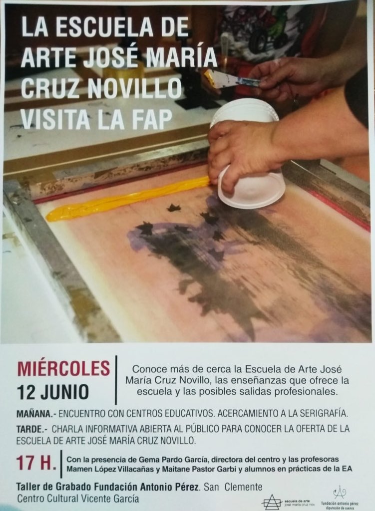 ¡Encuentro esta tarde en San Clemente con la Escuela de Arte Cruz Novillo! No os perdáis esta jornada informativa con estampaciones en directo. #SanClementeEsArte #SanClementeConLaCultura #SanClementeEstáDeModa