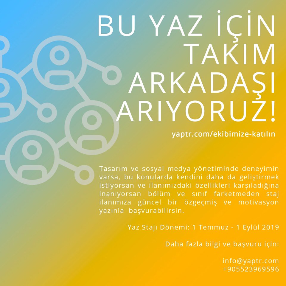 Çocuklarla ve gençlerle çalışmak ister misiniz? Teknolojiye, girişimciliğe ve eğitime ilgi duyuyor musunuz? Tasarım ve Sosyal Medya stajımızın detayları: yaptr.com/ekibimize-kati… 
#stajyer #staj #tasarımstajı #sosyalmedya #takım #yapancocuk #giteka #stajyer #stajilanı