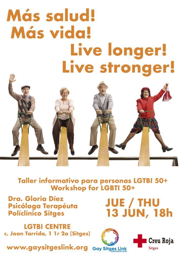 Workshop for LGBT Senior 50+. Thursday 13th June at 18h.  LGTBI Sitges Centre (C. Joan Tarrida 1. 1r2a. Sitges). Free Workshop. #lgbt #senior #sitges #workshop #freeworkshop #lgbtsenior