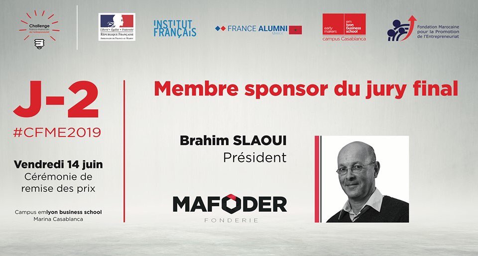 emlyon_casa's tweet photo. #Discover_Our_Final_Jury #CFME2019
Brahim Slaoui, Président de Mafoder, est membre de notre jury final et est sponsor du Challenge Franco-Marocain de l’Entrepreneuriat 2019.
Suivez avec nous la cérémonie de remise des prix du vendredi 14 juin qui célèbre l’entrepreneuriat ! https://t.co/UDB4Vkz95v